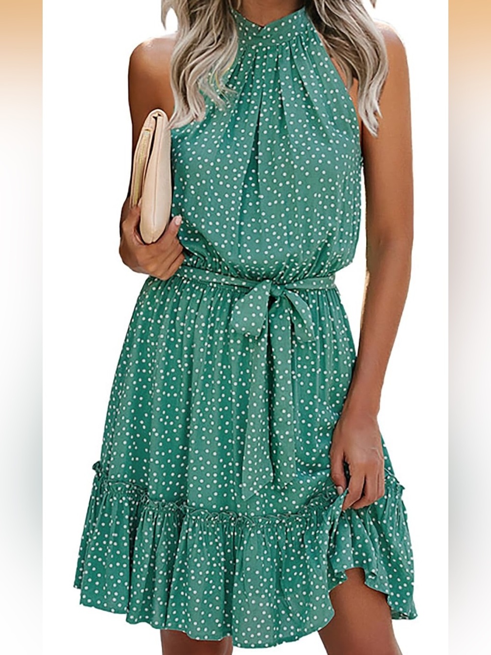 NWOT Green Polka Dot Halter Tie-Waist Dress